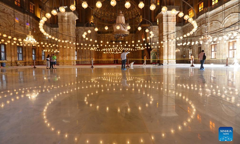 Tourists visit the Mosque of Muhammad Ali inside the Saladin Citadel in Cairo, Egypt, on Oct. 14, 2021. The Saladin Citadel, built by Saladin (1138-1193) in the 12th century, is an attraction for tourists in Cairo.Photo:Xinhua