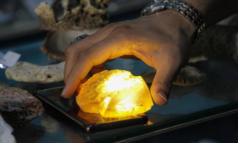 Palestinian Salah al-Kahlout, 53, displays a rare stone at his center in Jabalia refugee camp in northern Gaza Strip, on Oct. 13, 2021. Al-Kahlout has been collecting rare stones since 2000.Photo:Xinhua