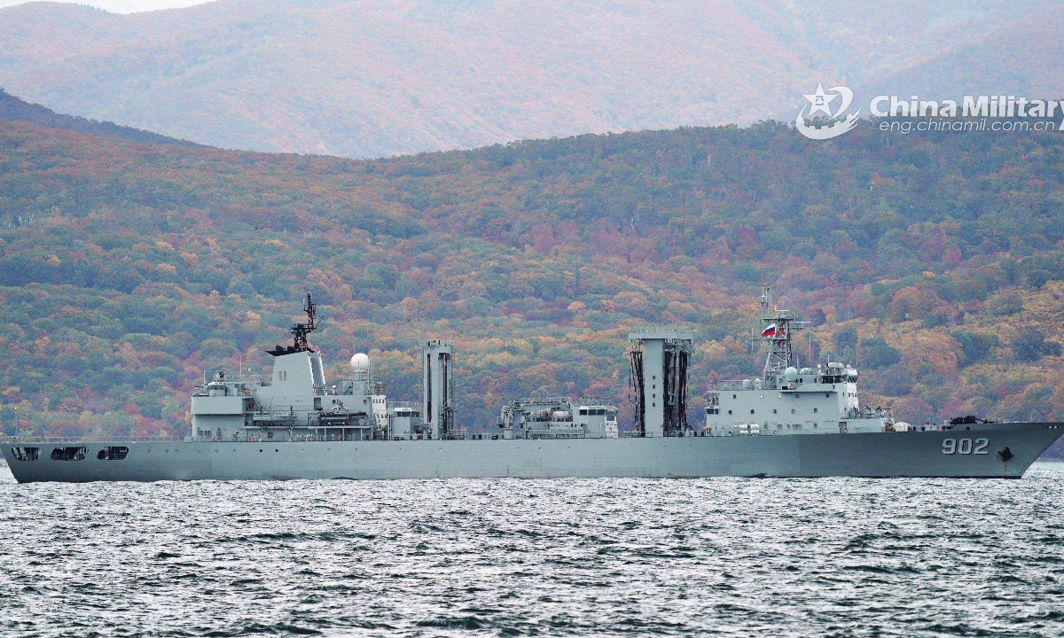 China's comprehensive supply ship Dongpinghu (Hull 960) participating in the Joint Sea-2021 naval exercise berths in the Ussuri Bay on October 14, 2021. Photo:China Military