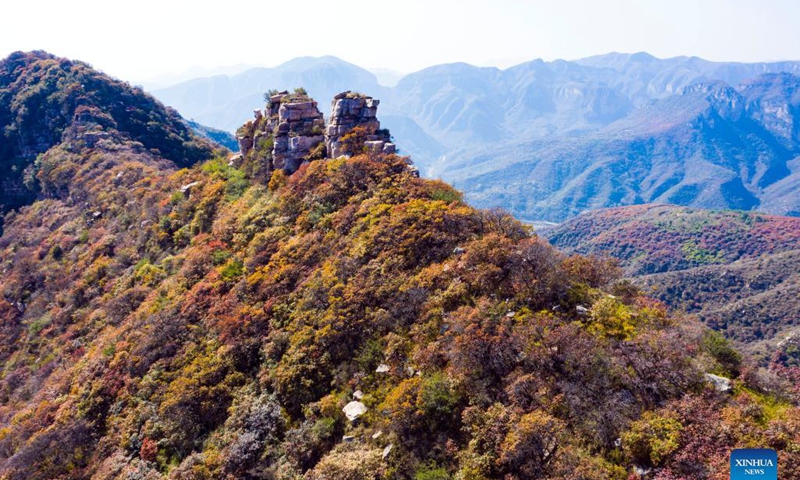 Aerial photo taken on Oct. 18, 2021 shows the autumn scenery at Baiyun mountain scenic spot in Wuan City, north China's Hebei Province.Photo: Xinhua