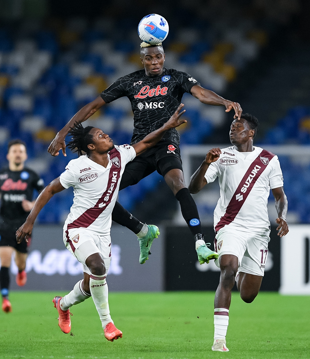 Victor Osimhen of Napoli jumps for the ball on Monday in Napoli, Italy. Photo: VCG