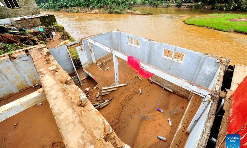 Photo taken on Oct. 20, 2021 shows damaged houses after the flood in Kerala, India. Flood and landslide due to heavy rain caused havoc in many districts of Kerala recently. Photo: Xinhua