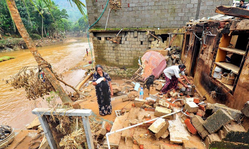 Photo taken on Oct. 20, 2021 shows damaged houses after the flood in Kerala, India. Flood and landslide due to heavy rain caused havoc in many districts of Kerala recently. Photo: Xinhua