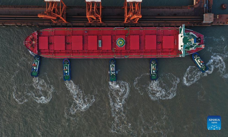 Aerial photo taken on Oct. 20, 2021 shows a bulk carrier berthing at ore wharf of Caofeidian Port in Tangshan, north China's Hebei Province. Photo: Xinhua