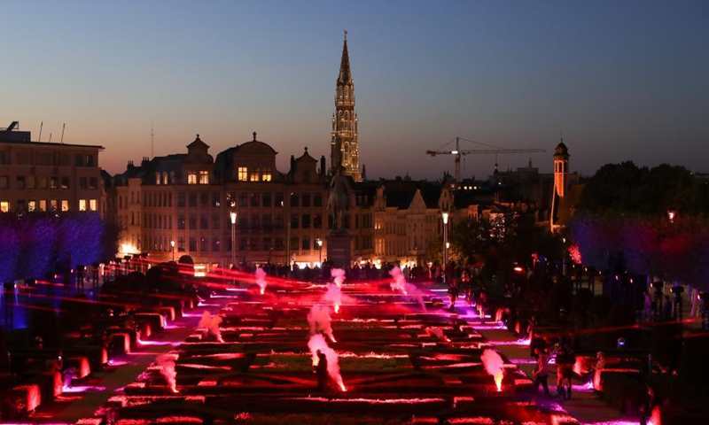 People watch a sound and light show at the Royal Palace in Brussels, Belgium, on Oct. 28, 2021. The ten-day event Bright Brussels, the festival of lights in Brussels, started on Thursday.Photo:Xinhua