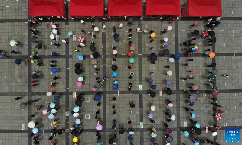 Aerial photo taken on Oct. 31, 2021 shows residents lining up for nucleic acid test at a testing point in Harbin, northeast China's Heilongjiang Province.Photo:Xinhua