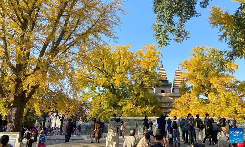 Photo taken with a cellphone on Oct. 31, 2021 shows people visiting Wuta (five-pagoda) Temple in Beijing, capital of China.Photo:Xinhua