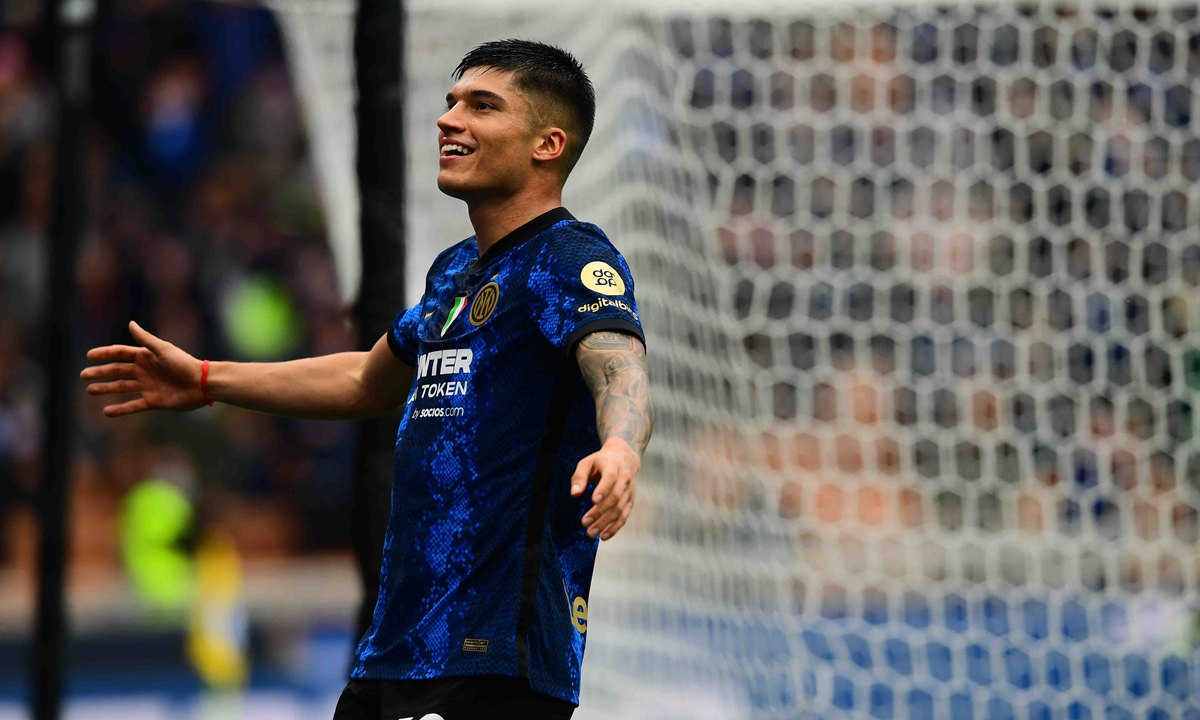 Joaquin Correa of Inter Milan celebrates after scoring his team's second goal against Udinese on Sunday in Milan, Italy. Photo: IC