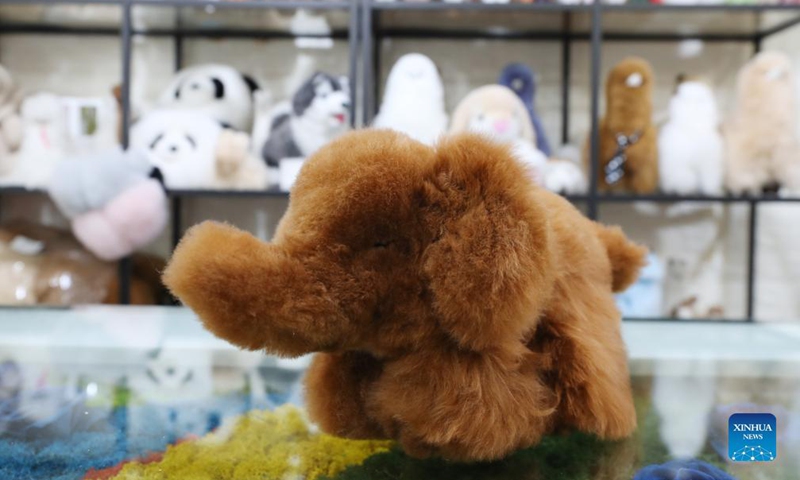 Photo taken on Oct. 15, 2021 shows an elephant-shaped alpaca-fur stuffed toy displayed at Ma Yuxia's office in Shanghai, east China.Photo:Xinhua