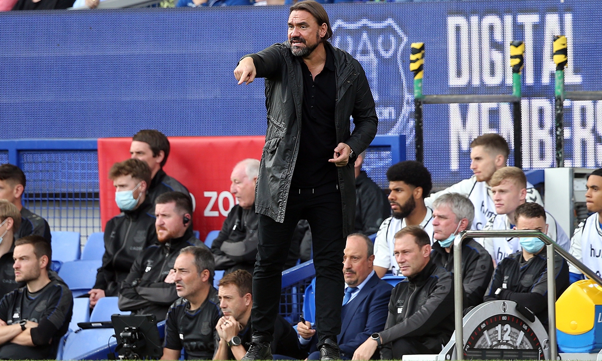 Former Norwich City manager Daniel Farke reacts during the Premier League match at Goodison Park, Liverpool on September 26. Photo: IC