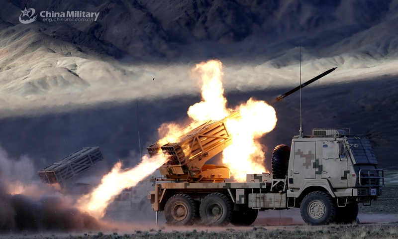 A truck-mounted long-range multiple launch rocket systems (LRMLRS) attached to a division under the PLA Xinjiang Military Command fires rockets at mock targets during a live-fire test in late October, 2021. The training exercise was conducted on the Karakoram Plateau at about 4,500 meters above sea level, with an annual average temperature below -10°C. (eng.chinamil.com.cn/Photo by/ Liu Yong, Li Kang, Zhang Li, Shuai Lijian and Yan Shiqiang)