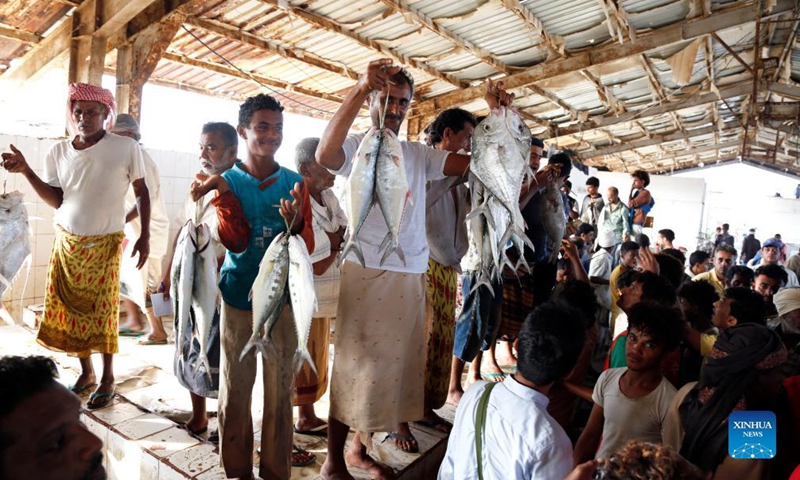 People sell fish at a fishing harbor in Hodeidah, Yemen, Nov. 19, 2021.Photo:Xinhua