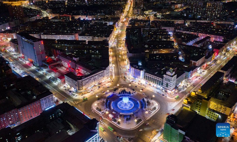 Aerial photo taken on Nov. 24, 2021 shows the night view of Hegang City, northeast China's Heilongjiang Province.Photo: Xinhua