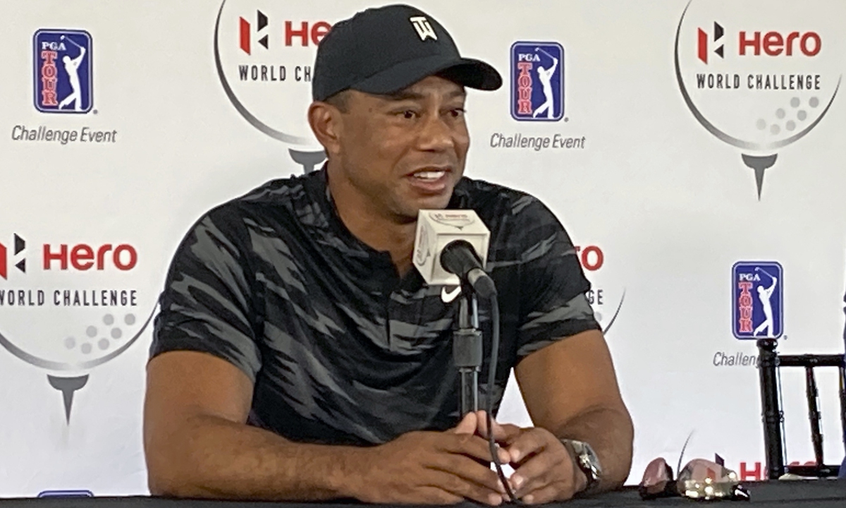 Tiger Woods holds his first press conference since his February 23 car crash in Los Angeles, at the Hero World Challenge in Nassau, the Bahamas, on November 30, 2021.  Photo: VCG