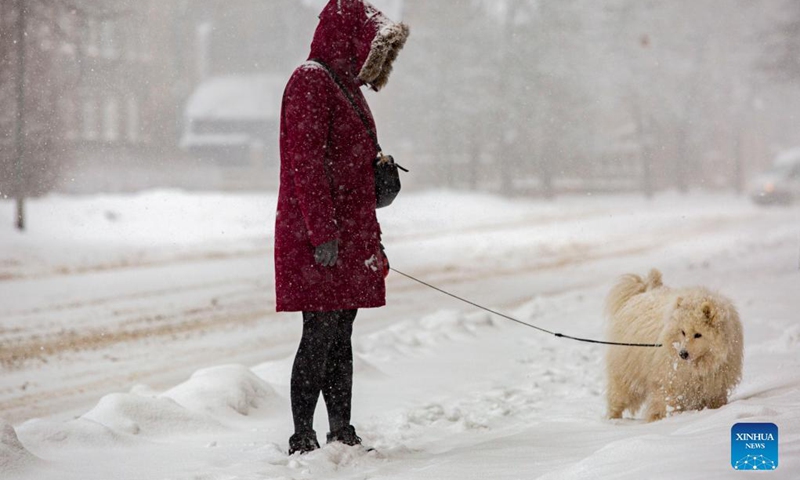 A woman walks a dog in the snow in Riga, Latvia, Dec. 1, 2021.(Photo: Xinhua)