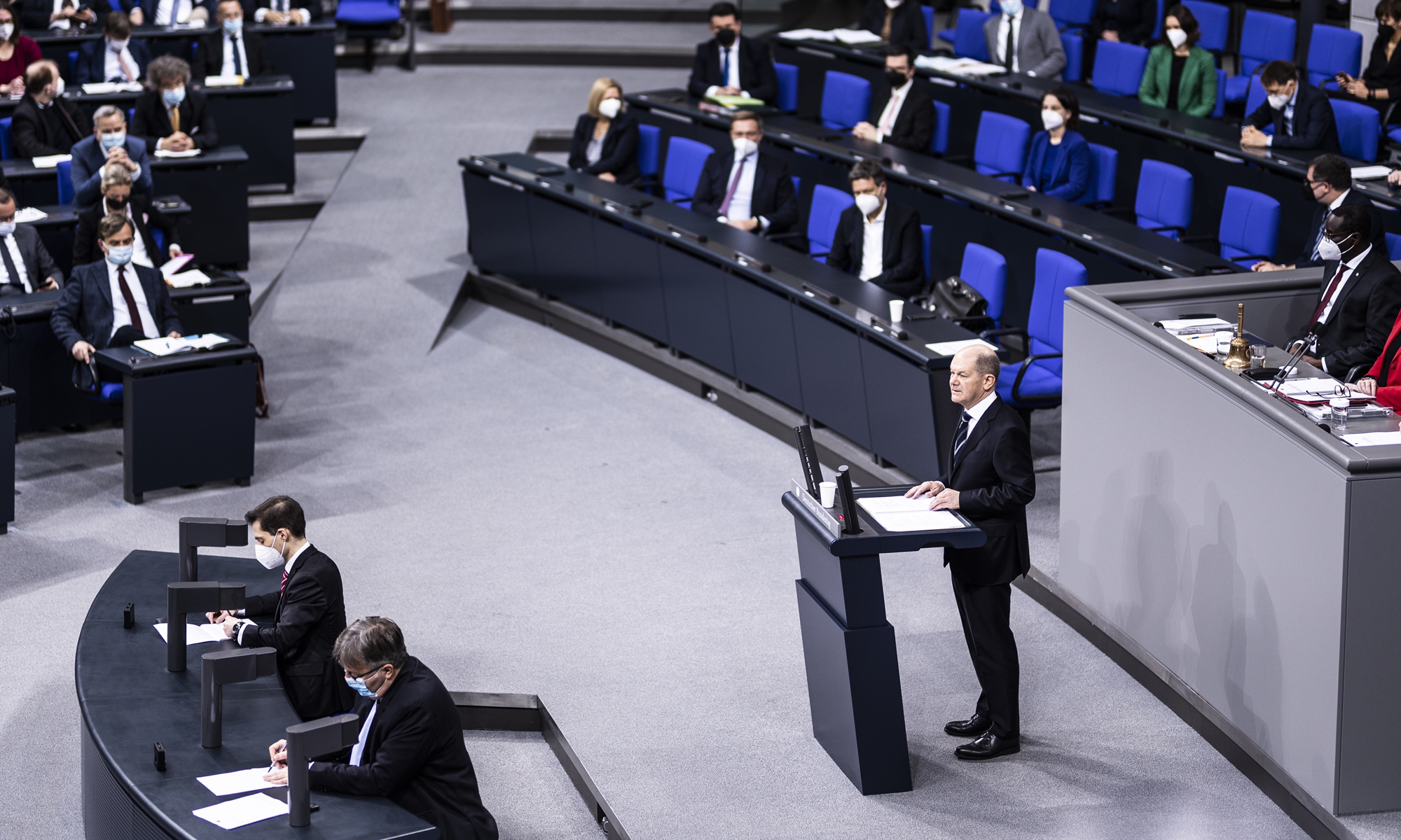 Federal Chancellor Olaf Scholz is pictured during the meeting of the German Bundestag on December 15, 2021 in Berlin, Germany. One week after swearing-in Federal Chancellor Olaf Scholz gave a government declaration. In his first speech to German lawmakers he said: We must orient our China policy toward the China that we find in reality. Photo: VCG