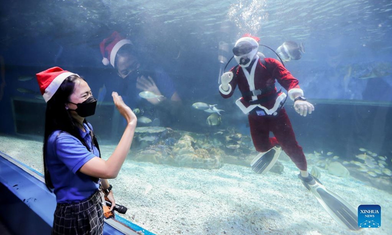 An usher waves at a diver wearing Santa Claus costume as he swims with marine creatures inside the oceanarium of the Manila Ocean Park in Manila, the Philippines on Dec. 16, 2021.(Photo: Xinhua)