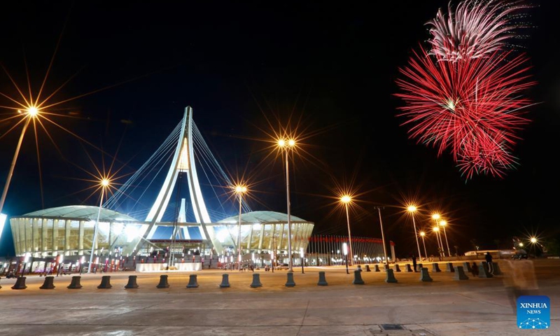 Fireworks light up the sky over the China-funded Morodok Techo National Stadium in Phnom Penh, Cambodia, Dec. 18, 2021.Photo:Xinhua