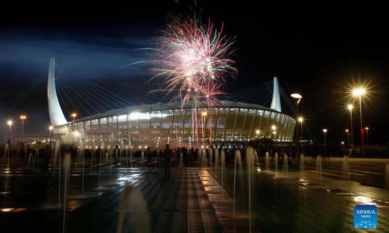 Fireworks light up the sky over the China-funded Morodok Techo National Stadium in Phnom Penh, Cambodia, Dec. 18, 2021.Photo:Xinhua