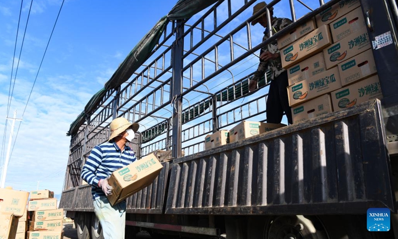 Staff members of a fruit company load Hami melons onto a truck in Foluo Town of Ledong County, south China's Hainan Province, Dec. 29, 2021. Over 48,000 mu (about 3,200 hectares) of Hami melons have entered harvest season in Ledong County. (Xinhua/Yang Guanyu)