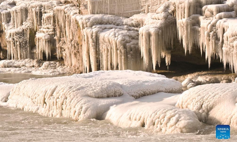 Aerial photo taken on Dec. 30, 2021 shows winter scenery of the Hukou Waterfall on the Yellow River in north China's Shanxi Province.Photo:Xinhua