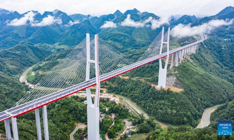 Aerial photo taken on June 28, 2021 shows the Yunwu Bridge of the Duyun-Anshun expressway in southwest China's Guizhou Province. The total length of expressways in Guizhou Province exceeded 8,000 kilometers. (Xinhua/Tao Liang)