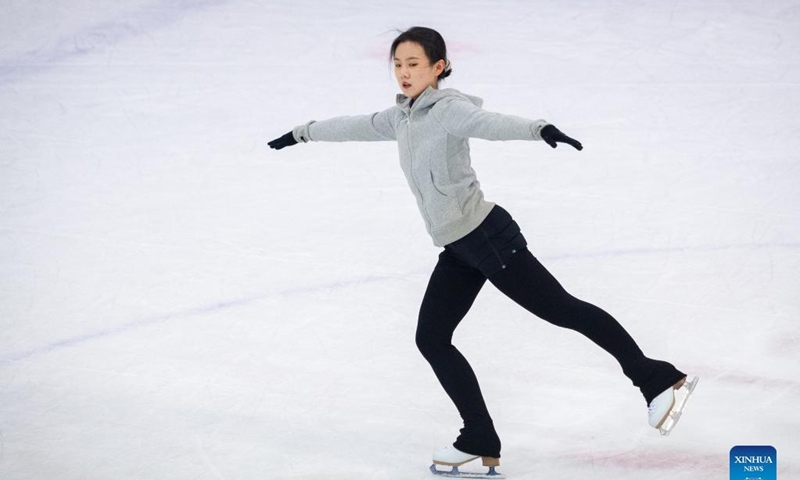 A woman enjoys skating at the Olympic Sports Center of Nanjing, east China's Jiangsu Province, Jan. 2, 2022.Photo:Xinhua