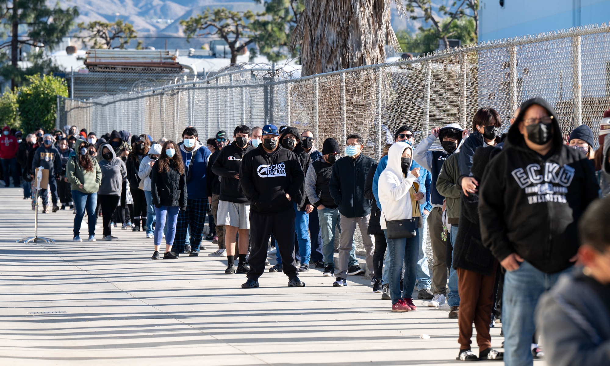 A line stretches for blocks as people wait for a COVID-19 test at San Fernando Recreation Park in San Fernando, the US on January 3, 2022. Los Angeles County reported nearly 45,000 new cases of COVID-19 this weekend. The latest numbers bring the county's cumulative totals to 1,741,292 cases and 27,640 deaths since the pandemic began, according to the Los Angeles County Department of Public Health. Photo: VCG