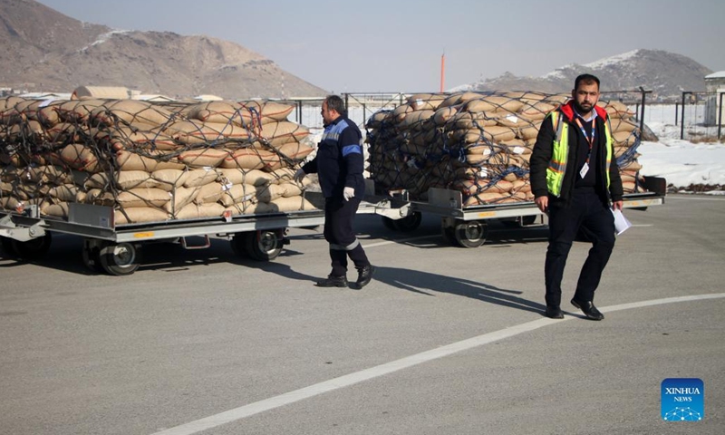 Workers prepare to load pine nuts into a plane at Kabul International Airport in Kabul, Afghanistan, on Jan. 10, 2022. A cargo flight carrying a fresh shipment of pine nuts left Kabul for China on Monday, authorities said.(Photo: Xinhua)