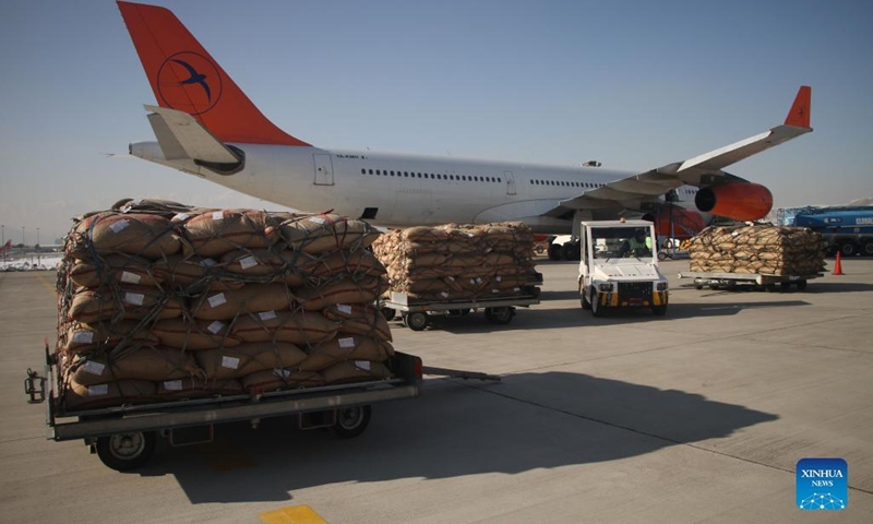 Workers load pine nuts into a plane at Kabul International Airport in Kabul, Afghanistan, on Jan. 10, 2022. A cargo flight carrying a fresh shipment of pine nuts left Kabul for China on Monday, authorities said.(Photo: Xinhua)