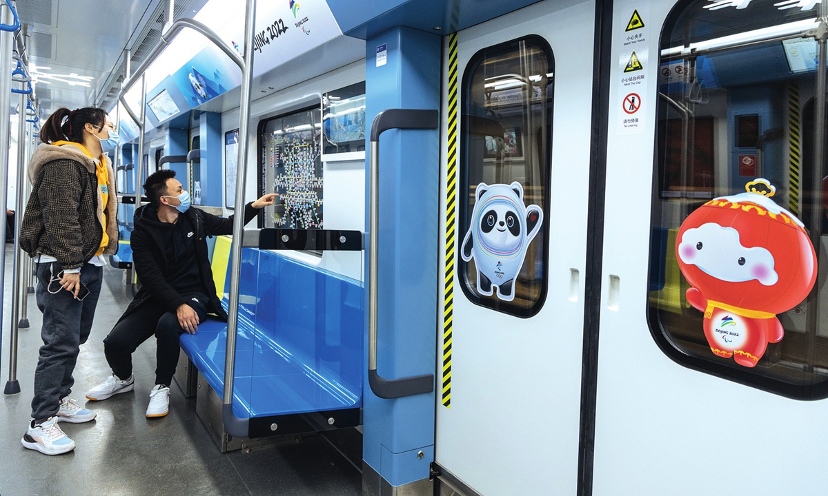 The carriage of a subway train serving the Beijing 2022 is decorated. Photo: Li Hao/GT