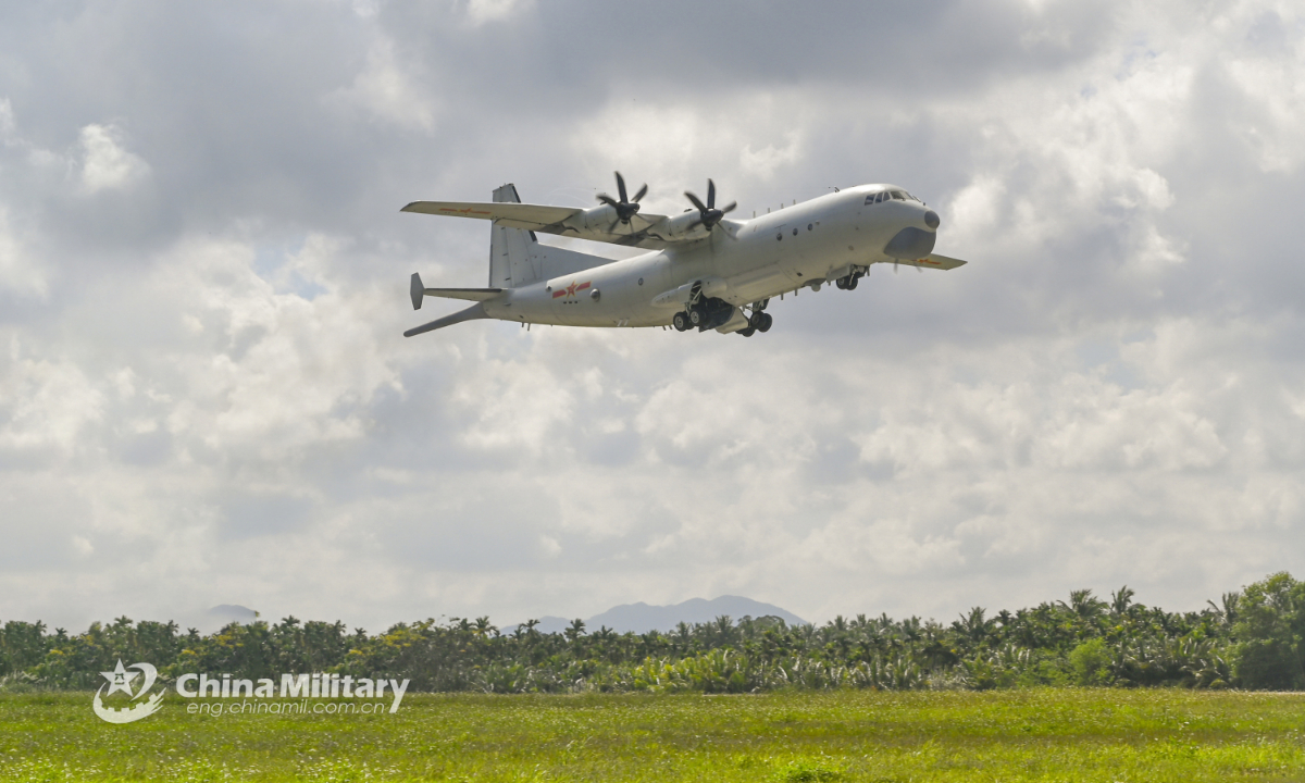 An anti-submarine patrol aircraft attached to a naval aviation regiment under the PLA Southern Theater Command takes off for flight training on January 6, 2022. (eng.chinamil.com.cn/Photo by Qin Qianjiang)