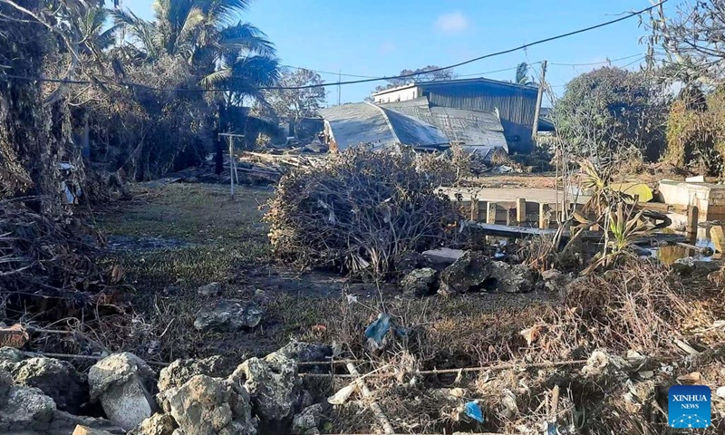 Photo taken on Jan. 20, 2022 shows houses and infrastructures hit by tsunami in Nuku'alofa, capital of Tonga. On Friday and Saturday, the Hunga Tonga-Hunga Ha'apai volcano in Tonga erupted violently and triggered tsunami in Tonga.(Photo: Xinhua)