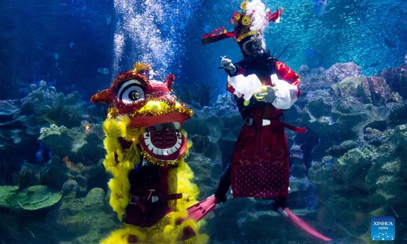 Divers dressed as a lion and a Fortune God stage an underwater performance in celebration of the Chinese Lunar New Year during a media preview at the Aquaria KLCC aquarium in Kuala Lumpur, Malaysia, Jan. 21, 2022.Photo:Xinhua