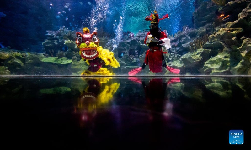 Divers dressed as a lion and a Fortune God stage an underwater performance in celebration of the Chinese Lunar New Year during a media preview at the Aquaria KLCC aquarium in Kuala Lumpur, Malaysia, Jan. 21, 2022.Photo:Xinhua