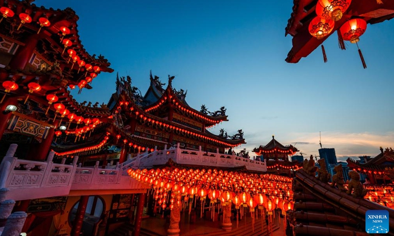 Red lanterns set for the upcoming Chinese Lunar New Year are seen at Thean Hou Temple in Kuala Lumpur, Malaysia, Jan. 22, 2022.Photo:Xinhua