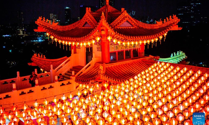 Red lanterns set for the upcoming Chinese Lunar New Year are seen at Thean Hou Temple in Kuala Lumpur, Malaysia, Jan. 22, 2022.Photo:Xinhua