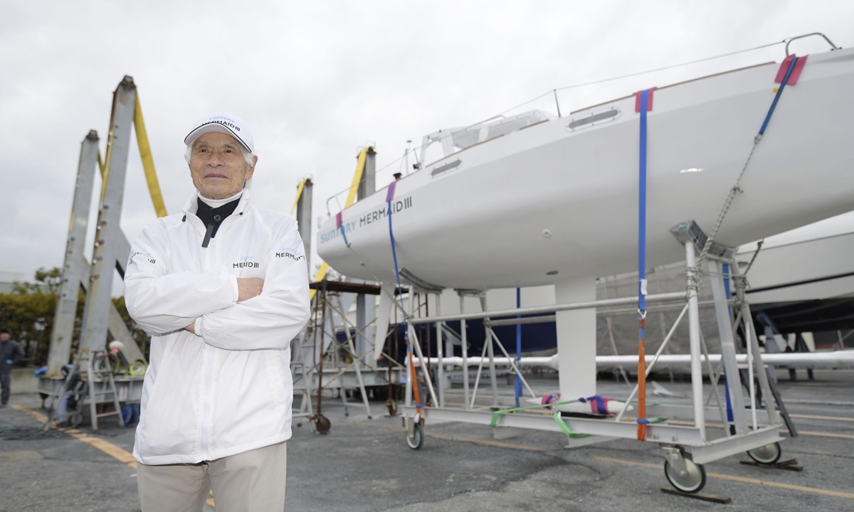 Japanese adventurer Kenichi Horie plans to take a yacht Suntory Mermaid III in Nishinomiya, Hyogo Prefecture, Japan on January 24, 2022 for an attempt on a nonstop solo voyage from San Francisco to the western Japan city from March to June 2022. The 83-year-old man will be the oldest person to do so if successful. Photo: VCG