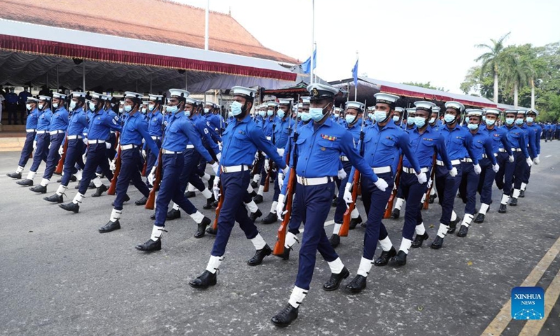 Military personnel wearing face masks take part in a rehearsal for the Independence Day parade in Colombo, Sri Lanka, on Jan. 31, 2022. Sri Lanka will celebrate its Independence Day on Feb. 4. (Photo by Ajith Perera/Xinhua)