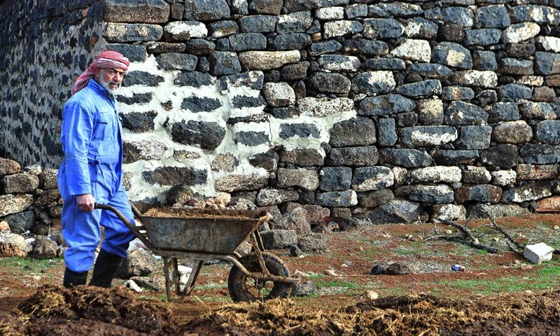 Al-Muthana Hasan al-Shoufi, 53, collects cow dung to use later as heating fuel during the harsh winter in Syria on Jan. 23, 2022.Photo:Xinhua