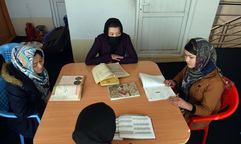 Afghan girls attend a book reading competition in Kabul, capital of Afghanistan, on Jan. 31, 2022.Photo:Xinhua