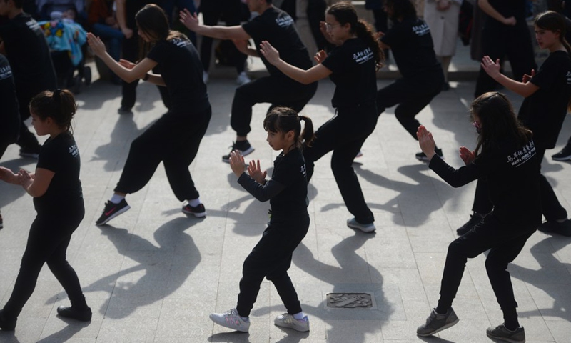 Students from the Maltese Wushu-Longgui School perform Chinese martial arts at the Serenity Garden, a traditional Chinese garden, in St. Lucia, Malta, on February 6, 2022. (Photo: Xinhua)