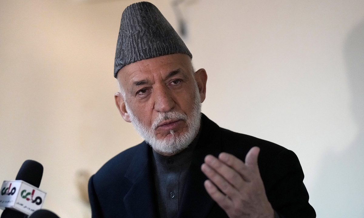 Former Afghan President Hamid Karzai speaks during a press conference, in Kabul, Afghanistan, on February 13, 2022. Karzai called a White House order freeing $3.5 billion in Afghan assets for America's 9/11 families 