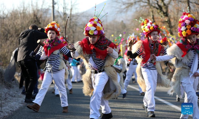 Bell ringers take part in a traditional Croatian carnival procession at Permani, Croatia on Feb. 13, 2022.Photo:Xinhua