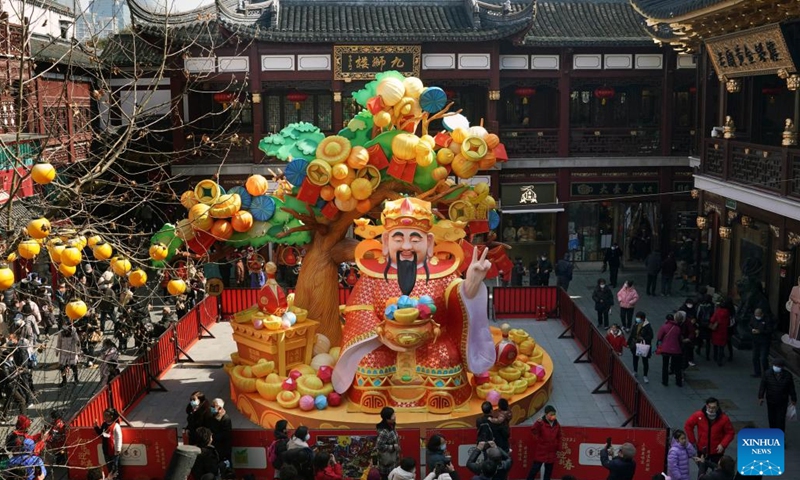 People visit Yuyuan Garden to celebrate the upcoming Lantern Festival in east China's Shanghai, Feb. 14, 2022. The Lantern Festival, the 15th day of the first month of the Chinese lunar calendar, falls on Feb. 15 this year.(Photo: Xinhua)