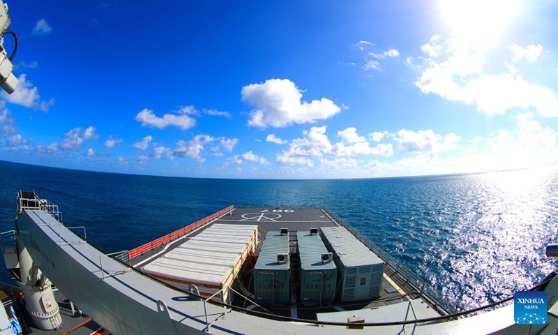 A flotilla of the People's Liberation Army (PLA) Navy carring relief supplies arrives in Nuku' alofa, Tonga, Feb. 15, 2022.Photo:Xinhua