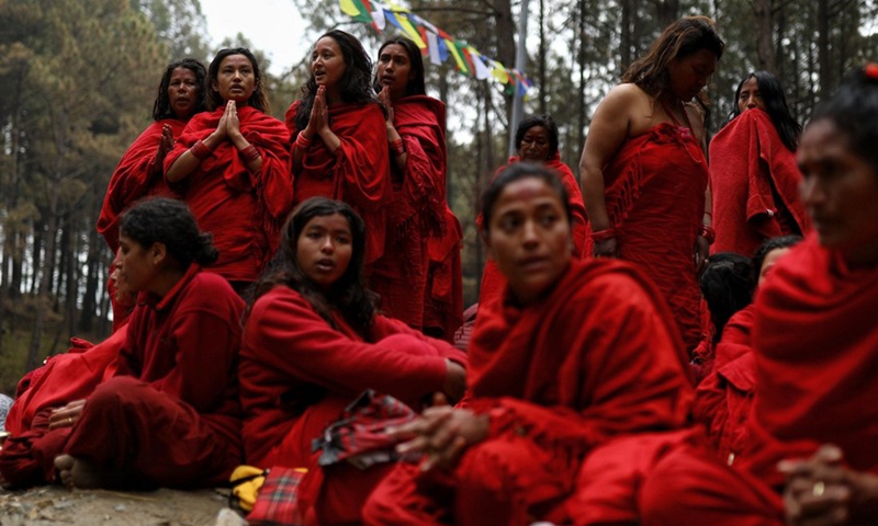 Devotees are seen during the Madhav Narayan Festival in Bhaktapur, Nepal, Feb. 14, 2022.Photo:Xinhua