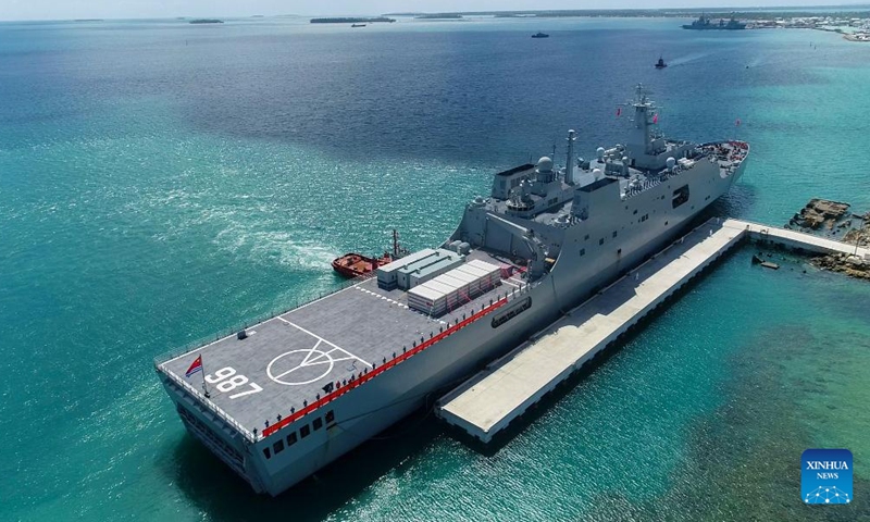 Aerial photo shows a flotilla of the People's Liberation Army (PLA) Navy carring relief supplies arriving in Nuku' alofa, Tonga, Feb. 15, 2022.Photo:Xinhua