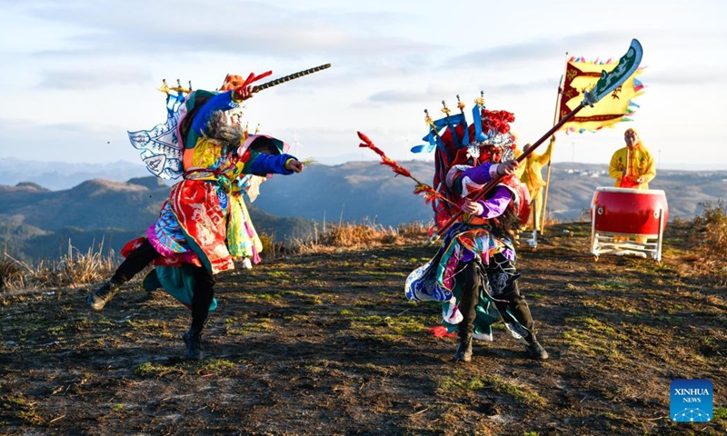 Members of a local opera troupe rehearse in Longshan Township, southwest China's Guizhou Province, Feb. 7, 2022. Deep in the mountains in Longli County, Qiannan Buyi and Miao Autonomous Prefecture, there is a grass-roots troupe performing Taiping Huadengxi, or Taiping lantern opera, in Longli.(Photo: Xinhua)