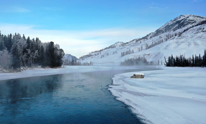 Aerial photo taken on Jan. 8, 2021 shows the snow scenery at Kanas scenic area in northwest China's Xinjiang Uygur Autonomous Region.(Photo: Xinhua)